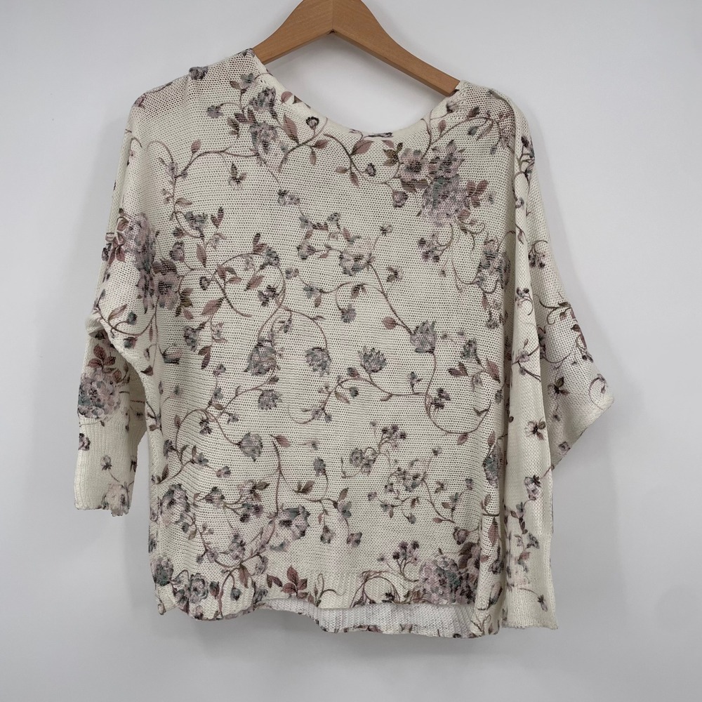 Anna Melani Italy Floral Knit Sweater Cream Mauve Dolman Sleeve Size S 809D